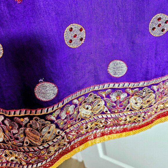 Purple custom ensemble with yellow contrast pajama, gold accents and red dupatta - Picture 4 of 4